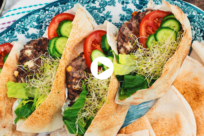 Mediterranean Kefta Lamb Burgers on Grilled Pita (VIDEO)