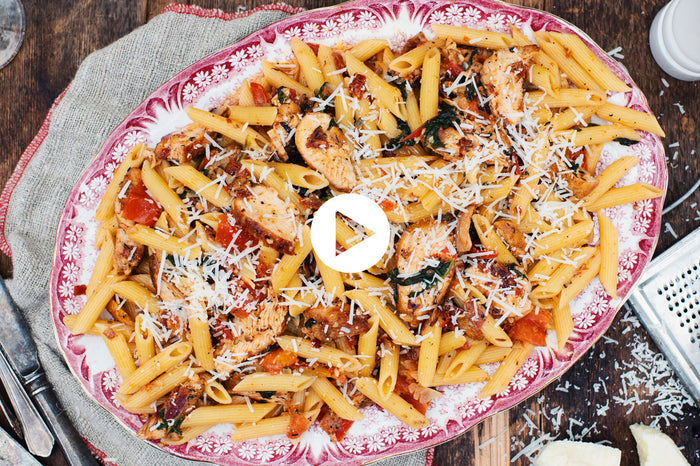 Creamy Penne with Chicken, Spinach and Sun-Dried Tomatoes (VIDEO)